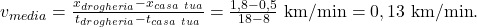 v_{media} = \frac{x_{drogheria} - x_{casa\ tua}}{t_{drogheria} - t_{casa\ tua}} = \frac{1,8 - 0,5}{18 - 8}\ \text{km/min} = 0,13\ \text{km/min}.
